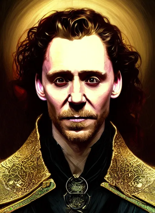 Image similar to portrait of tom hiddleston as a vampire lord, jewelry, greek, emerald, intricate, headshot, highly detailed, digital painting, artstation, concept art, sharp focus, cinematic lighting, illustration, art by artgerm and greg rutkowski, alphonse mucha, cgsociety