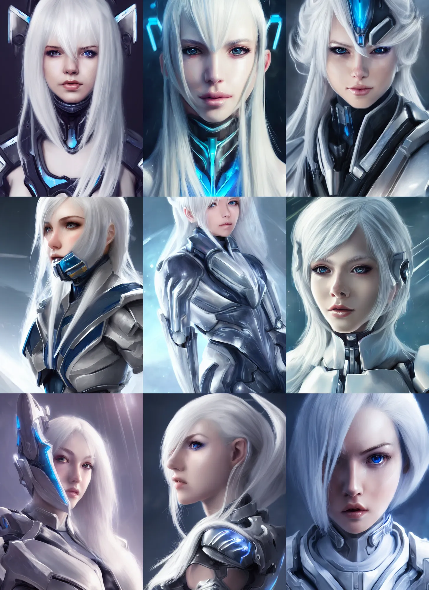 Prompt: detailed portrait of perfect white haired girl, android, warframe armor, beautiful, pretty face, blue cyborg eyes, innocent, scifi, 4 k, sun yunjoo, ultra realistic, aura of light, cinematic lighting, highly detailed, sharp focus, artstation, masterpiece, art by hyungjin yang