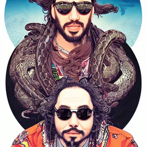 Prompt: portrait of crazy post malone with round digital sunglasses with snakes around, as samurai, explosions, symmetrical, by yoichi hatakenaka, masamune shirow, josan gonzales and dan mumford, ayami kojima, takato yamamoto, barclay shaw, karol bak, yukito kishiro