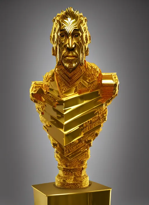 Image similar to stylized gold onyx ornate statue full body made of marble of nicholas cage, perfect symmetrical body, perfect symmetrical face, hyper realistic, hyper detailed, by johannen voss, by michelangelo, octane render, blender, 8 k, displayed in pure white studio room