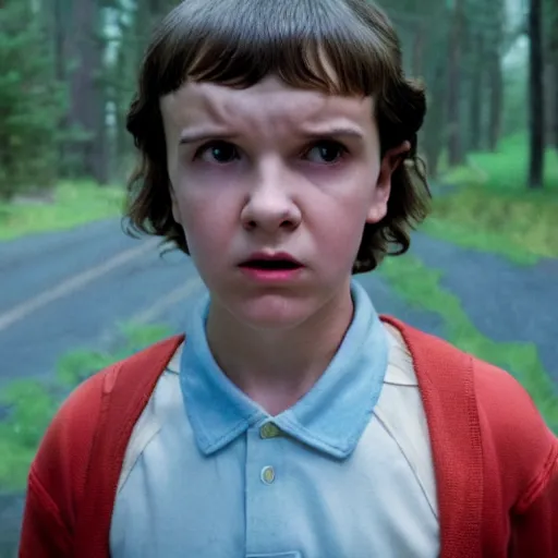 Prompt: A still of Eleven from Stranger Things giving the Kurbick stare in The Shining (1980)