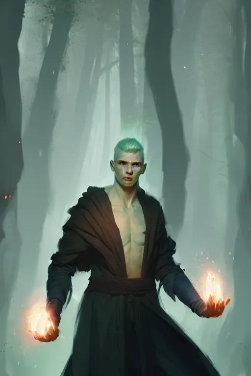 Image similar to a human elemental sorcerer, forest setting, colorful magic, male, white skin, young, sharp focus, concept art, dynamic lighting, unreal engine, by greg rutkowski 0. 5, emylie boivin 2. 0, kyle herring 1. 0