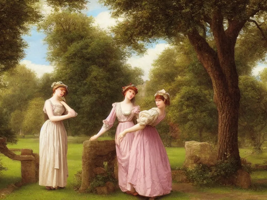 Image similar to a shy young couple have a secret rendezvous in a park : : springtime, in the style of edmund blair leighton