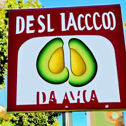 Prompt: fr e sh a voca do, fresh avacado, del taco sign