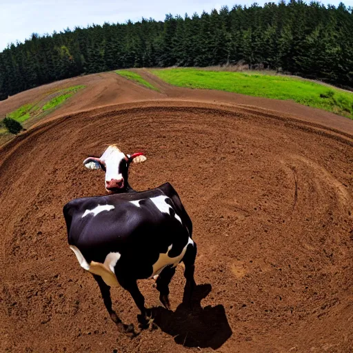 Image similar to a cow on a motocross track, fisheye lens