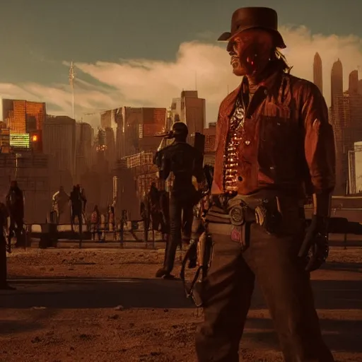 Image similar to cyberpunk wild west, high detail, denis villeneuve