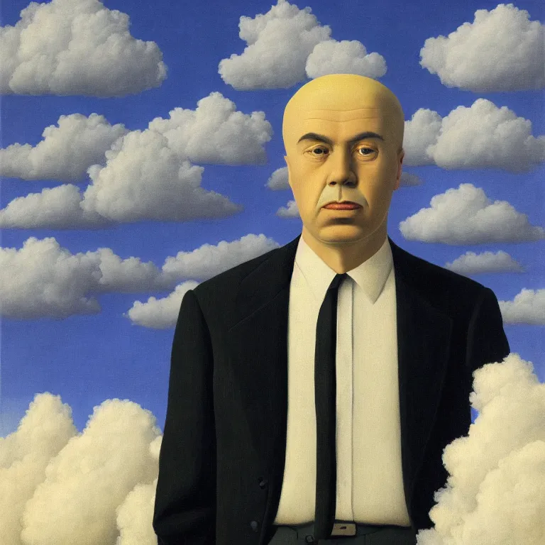 Image similar to portrait of man in a suit with clouds hiding his head by rene magritte, detailed painting, hd, hq, high resolution, high detail, 4 k, 8 k