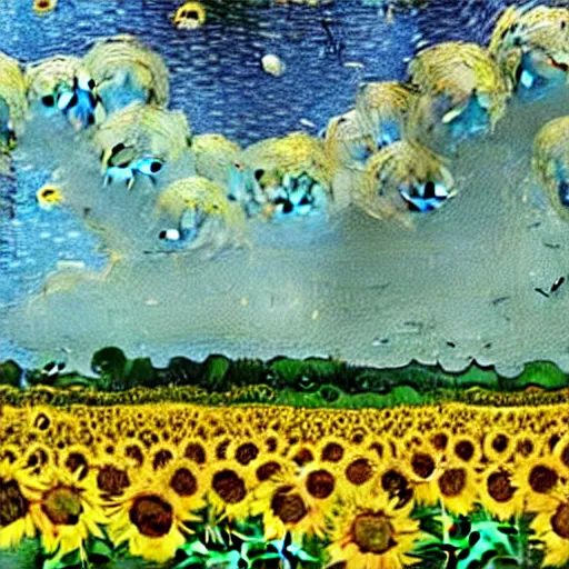 Prompt: field of sunflowers with one sunflower standing taller than the rest, in the style of van gogh