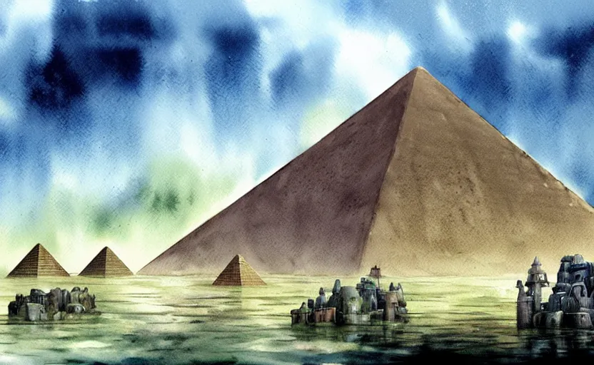 Image similar to a realistic and atmospheric cell - shaded watercolor concept art from howl's moving castle ( 2 0 0 4 ) of a futurist sci - fi city and an egyptian pyramid complex in a flooded rainforest. very dull muted colors, hd, 4 k, hq