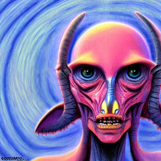 Image similar to original jean giraud digital art painting pastel goth aesthetic, creepy kawaii alien, psychedelic, sabbas apterus