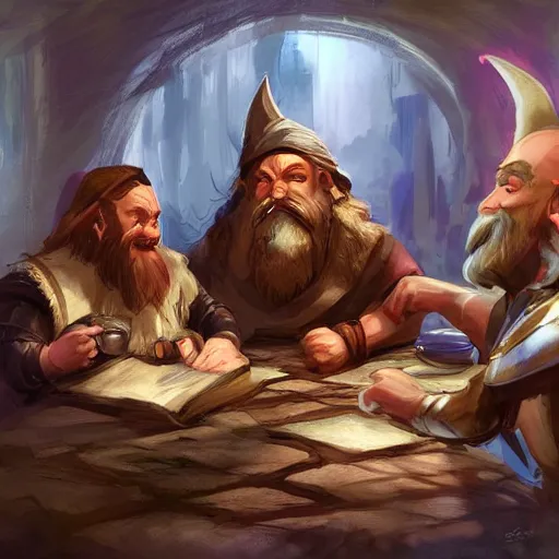 Prompt: Concept art of a human, dwarf, and an elf sitting around a table playing D&D, creative, fantasy