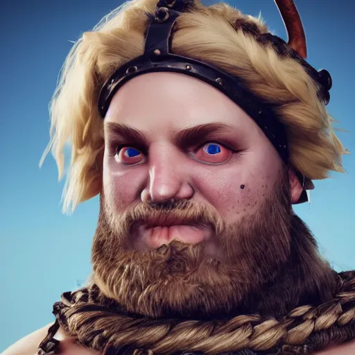 Image similar to a handsome corpulent viking girl with blond hair, clash royal style characters, unreal engine 5, octane render, detailed, cinematografic, cinema 4 d