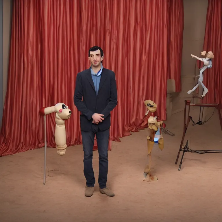 Image similar to dslr photograph of nathan fielder from nathan for you on comedy central behind a puppet stage with a red curtain as multiple marionette puppets controlled by hands holding the strings, high detail!!! 8 k photorealism sharp focus volumetric lighting, coherent!!! art directed, rule of thirds