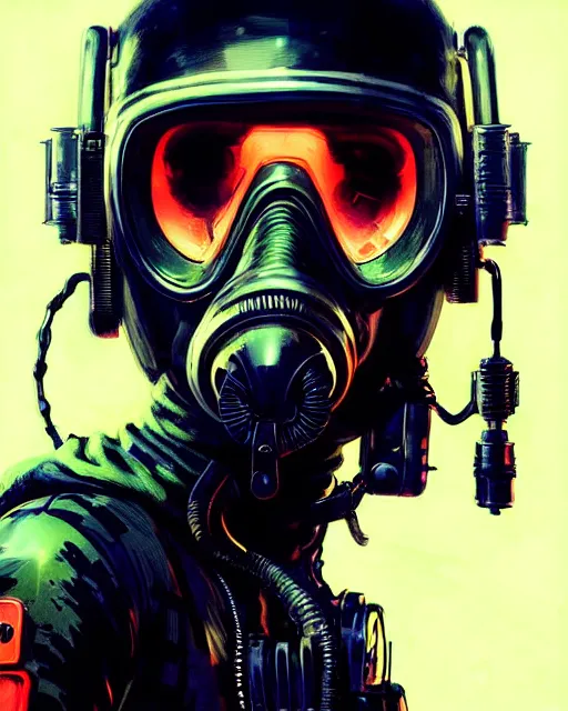 Image similar to detailed portrait neon female swat officer, cyberpunk futuristic, neon, gas mask, reflective puffy coat, decorated with traditional japanese by ismail inceoglu dragan bibin hans thoma greg rutkowski alexandros pyromallis nekro rene margitte, illustrated, perfect face, fine details, realistic shaded, fine - face, pretty face