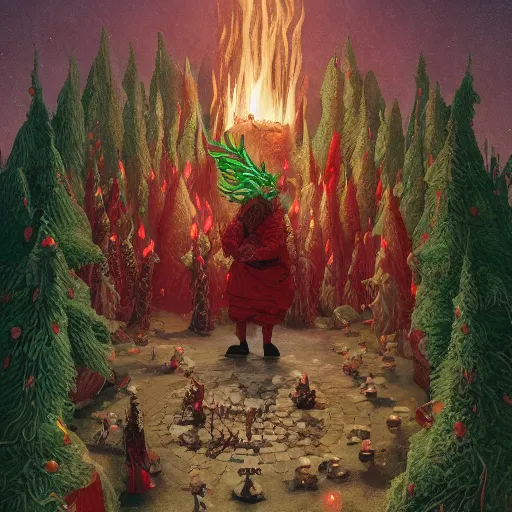 Image similar to illustrated portrait vogue designer Santa Claus Sacrificing the Elves to a Volcano God Altar made of pinecones and fire kenny scharf heinrich lefler giorgio de chirico marc simonetti greg rutkowski simon stalenhag anton semenov