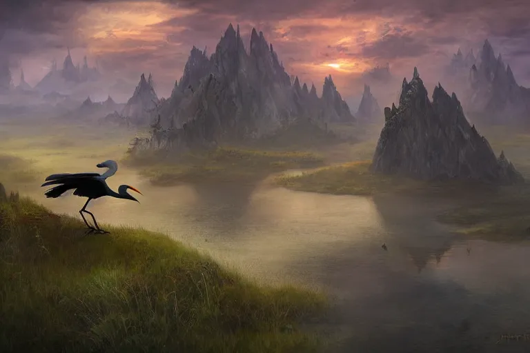 Prompt: aerial view, cinematic fantasy painting, dungeons and dragons, a faerie village hovels, swamp reeds wetland marsh estuary, with sunset lighting ominous shadows, an egret by jessica rossier and brian froud cinematic painting