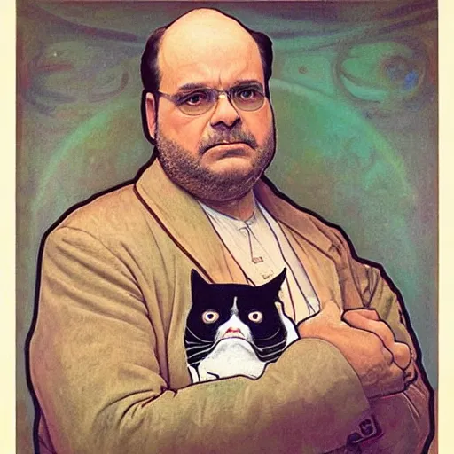 Image similar to “ portrait of george costanza from seinfeld holding grumpy cat, by alphonse mucha ”