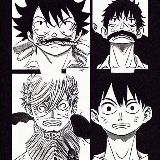 Image similar to [ luffy mustache ] ( by kim jung gi ) ( by kentaro miura ) ( by takao saito ) ( manga style )