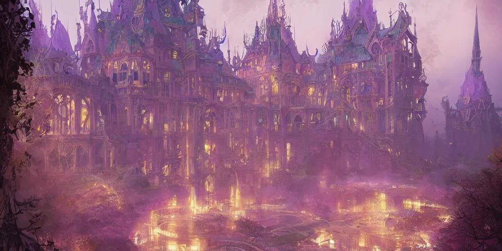 Prompt: fantasy royal palace near the lake, lilac bashes, Art Nouveau architecture, art by Finnian MacManus , Marc Simonetti, Thomas Scholes, Peter Mohrbacher, volumetric lighting style, highly detailed, intricate, artstation, digital paining, matte painting, 8K