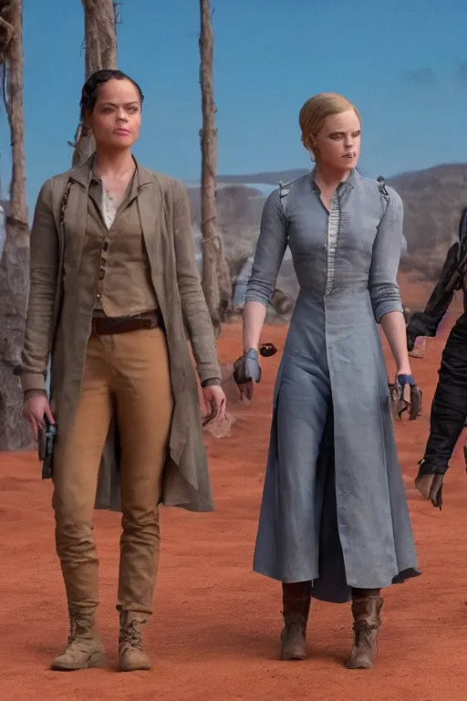 Image similar to Tessa Thompson and Evan Rachel Wood star in Disney's Westworld, Pixar movie screenshot