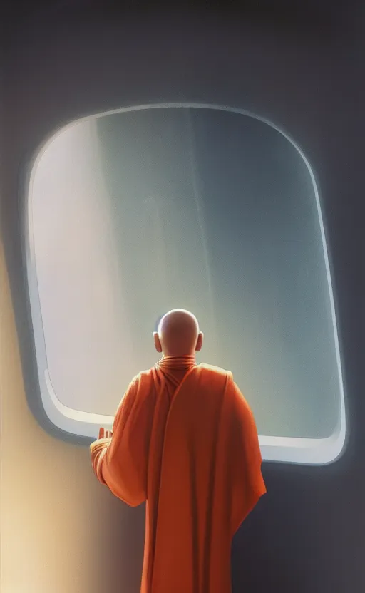 Image similar to portrait of a blind monk in a spaceship, looking out the window, orange robe, dramatic lighting, artstation, matte painting, ralph mcquarrie