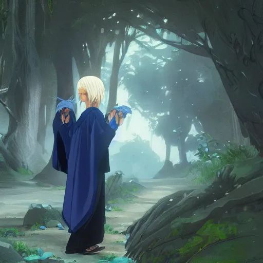 Image similar to concept art painting of an anthropomorphic albino raven wearing dark blue robes, in the deep forest, realistic, detailed, cel shaded, in the style of makoto shinkai and greg rutkowski and james gurney