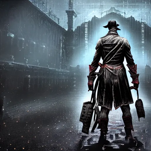 Image similar to Gameplay screenshot of Keanu Reeves as a boss in Bloodborne, film still, photorealistic