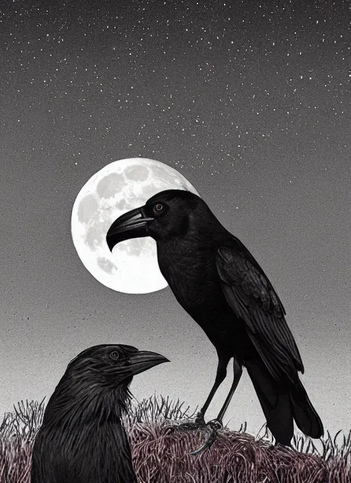 Image similar to portrait, A crow in front of the full big moon, book cover, red white and black colors, establishing shot, extremly high detail, foto realistic, cinematic lighting, pen and ink, intricate line drawings, by Yoshitaka Amano, Ruan Jia, Kentaro Miura, Artgerm, post processed, concept art, artstation, matte painting, style by eddie mendoza, raphael lacoste, alex ross