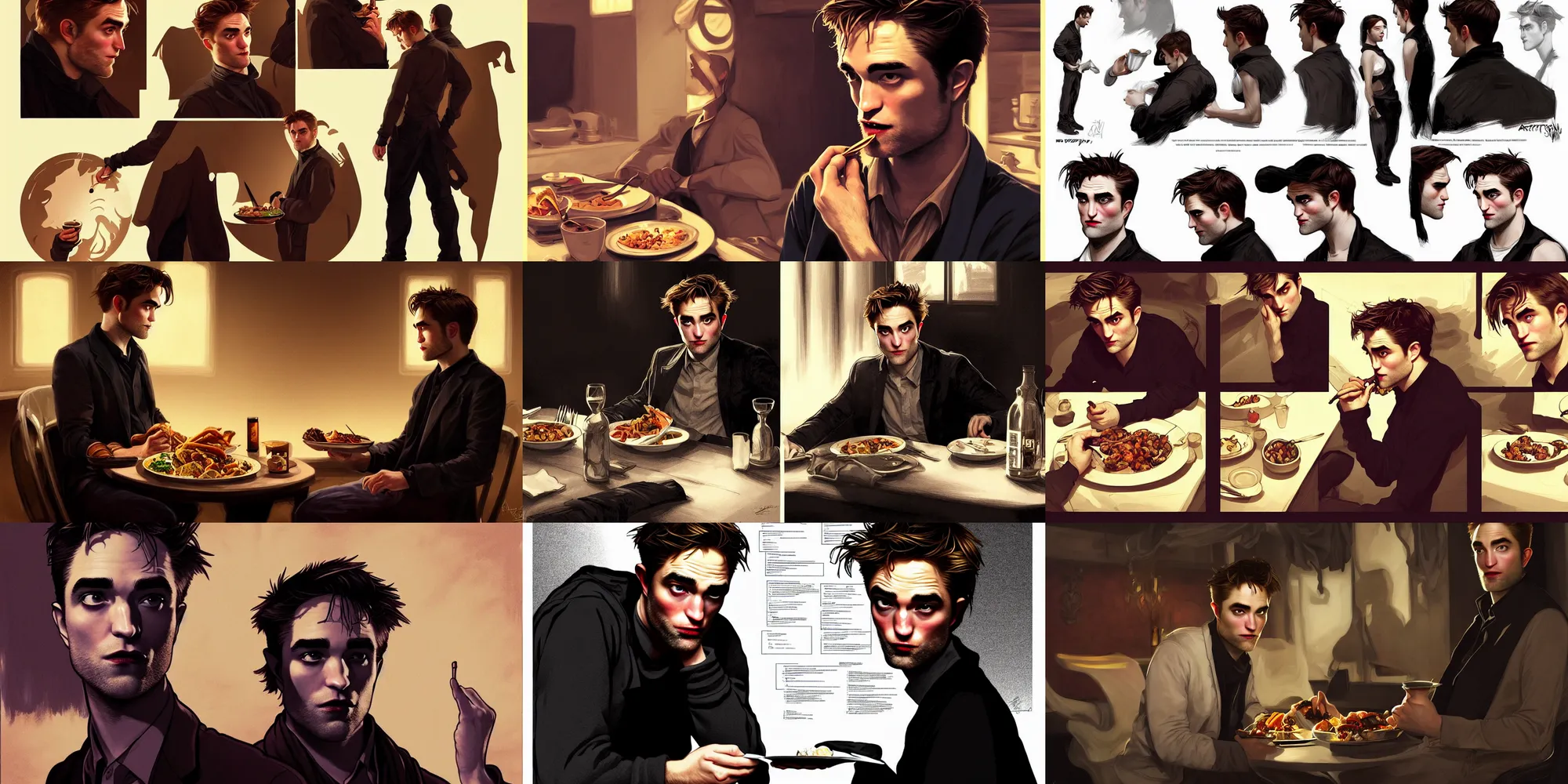 Prompt: robert pattinson eating dinner, character sheet, character design, contrast, deep focus, turnaround, highly detailed, dramatic lighting, digital painting, artstation, concept art, matte, sharp focus, illustration, elegant, art by artgerm and greg f and alphonse mucha.