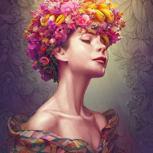 Image similar to the portrait of an absurdly beautiful, graceful, elegant mature woman made of bananas and petals looking up, an ultrafine detailed illustration by kim jung gi, irakli nadar, intricate linework, bright colors, octopath traveler, final fantasy, angular, unreal engine 5 highly rendered, global illumination, radiant light, detailed and intricate environment