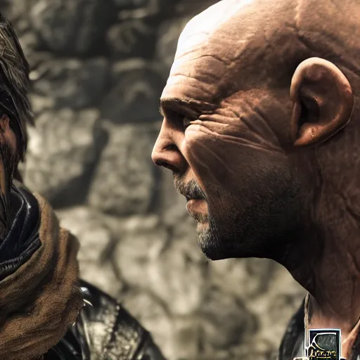 Image similar to character screenshot of ufc commentator john anik dc in skyrim, mage armor, npc talking, wilderness, 1 0 8 0 p, bokeh, elder scrolls v, detailed, dialog text