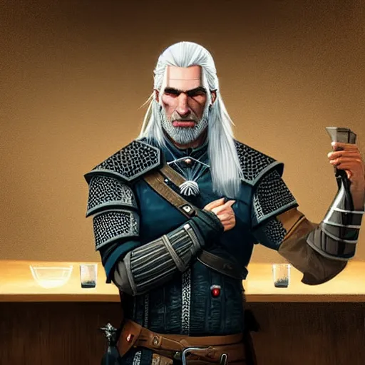 Prompt: geralt of rivia from witcher sitting in a modern bar, digital painting, artstation, trending, hyperrealistic