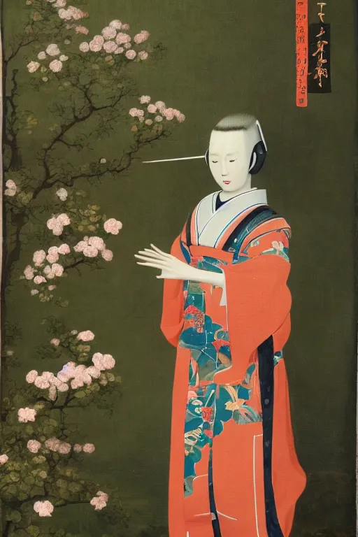 Prompt: a elegant japanese robot with fluo color detail, and muted arm colors, standing in a lush dutch master painting of flowers