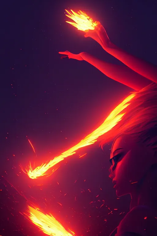 Prompt: 4K hyper detailed portrait of beautiful fiery embers igniting a black background, flying through the sky, sending flickering aesthetic firefly ashes towards viewer by Makoto Shinkai, by Artgerm, by beeple, by Greg Rutkowski, volumetric lighting, octane render, 4K resolution, trending on artstation, masterpiece