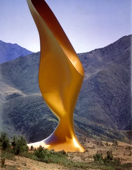 Prompt: vintage color photo of a giant liquid gold sculputure in Cordillera De Los Andes, 8k definition