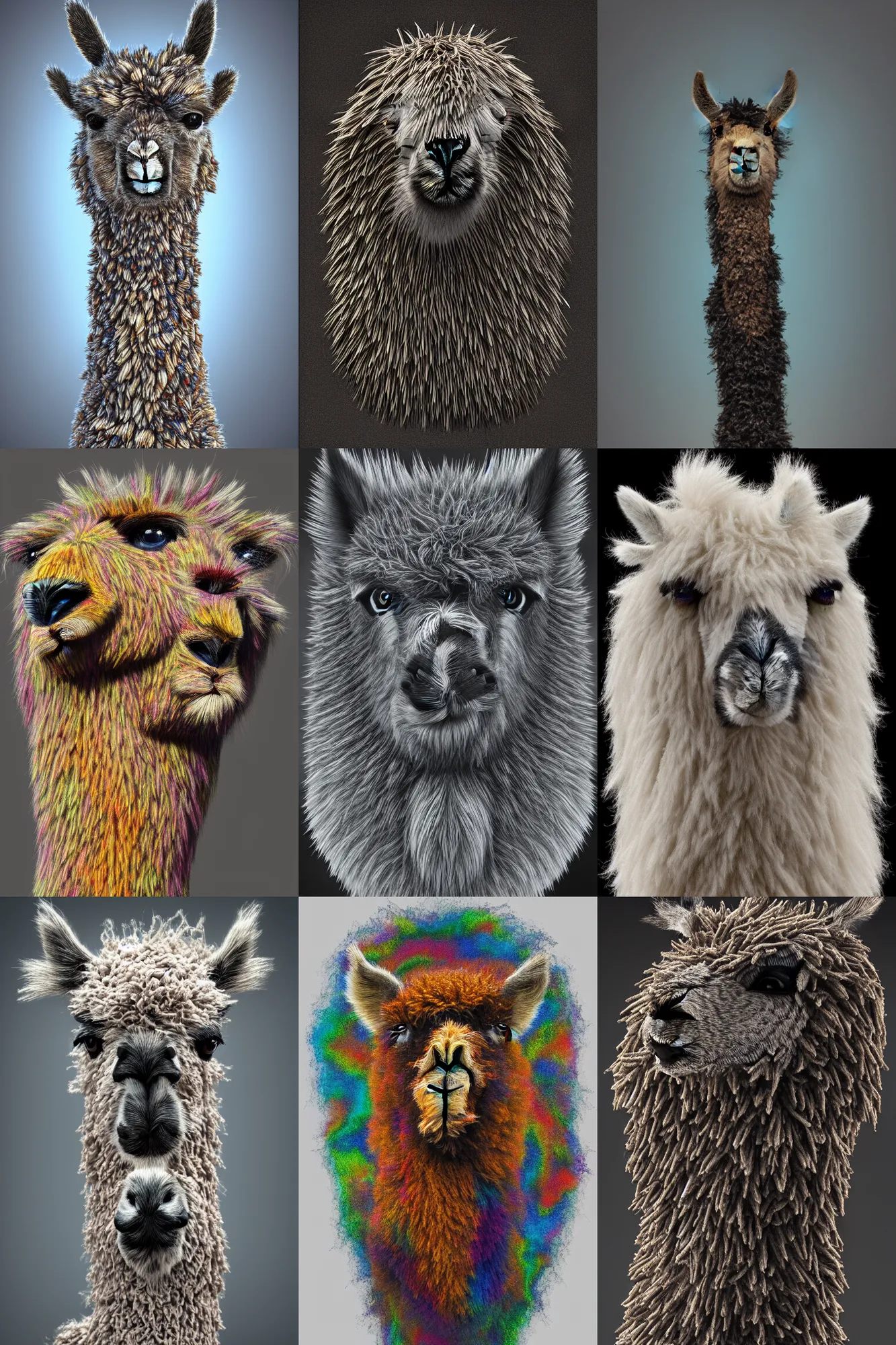 Prompt: highly rhythmic expressionistic wild symmetrical nano-scale furry llama portrait in Scanning tunneling microscope pleasing palette trending on artstation sculpture, HQ 8k scan