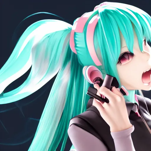 Image similar to hatsune miku smoking weed with a vape pen, smoke coming out of her mouth, bloodshot eyes, artstation, 4 k