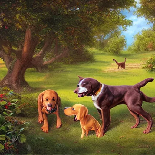 Image similar to a whimsical illustration of a dog park, by Peter Mohrbach and Mark Keathley