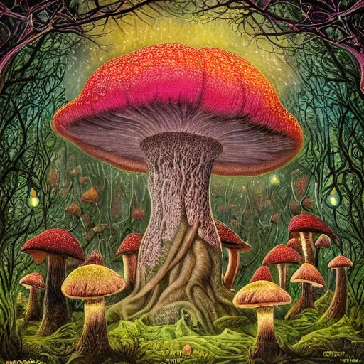 Image similar to psychedelic fantasy forest with glowing mushrooms and eerie trees in the style of Ernst Haeckel and Daniel Merriam, perfect award winning album art