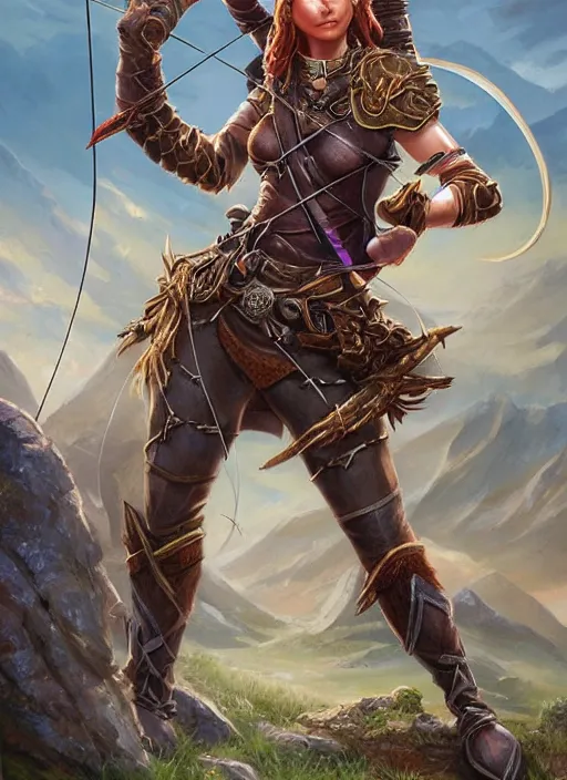 Image similar to female archer hunter, ultra detailed fantasy, dndbeyond, bright, colourful, realistic, dnd character portrait, full body, pathfinder, pinterest, art by ralph horsley, dnd, rpg, lotr game design fanart by concept art, behance hd, artstation, deviantart, hdr render in unreal engine 5