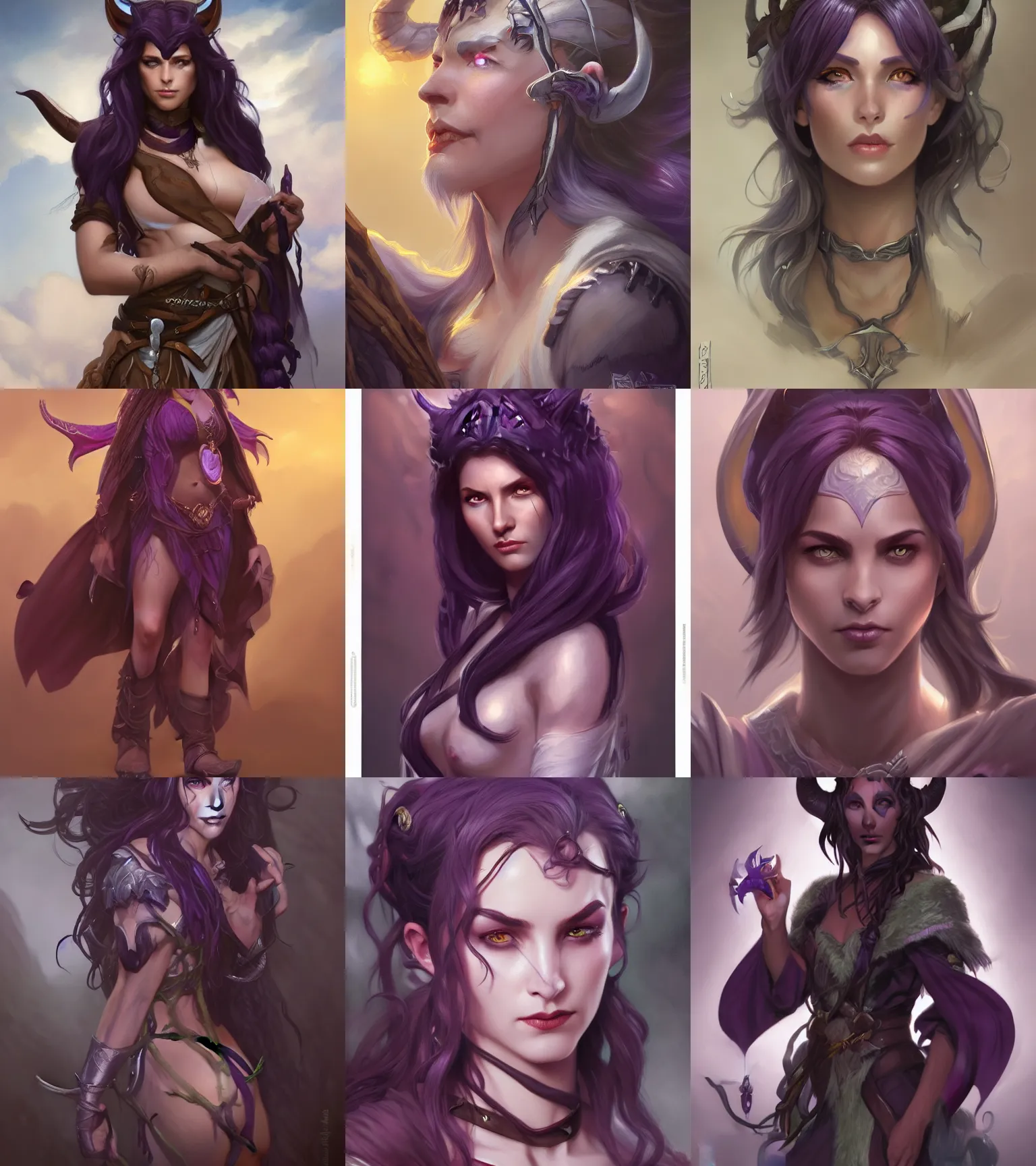 Image similar to Attractive Tiefling Druid, She has light brown skin, dark purple hair, and silver eyes full body, dungeons and dragons portrait, highly detailed, digital painting, artstation, concept art, sharp focus, illustration, art by artgerm and greg rutkowski and alphonse mucha