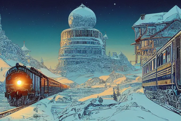 Image similar to trans - siberian express train illustration by joe fenton and syd mead and p. craig russell and barry windsor - smith, artstation, 4 k, graphic novel, concept art, matte painting, beautiful russian winter landscape sunset background, golden hour, art nouveau