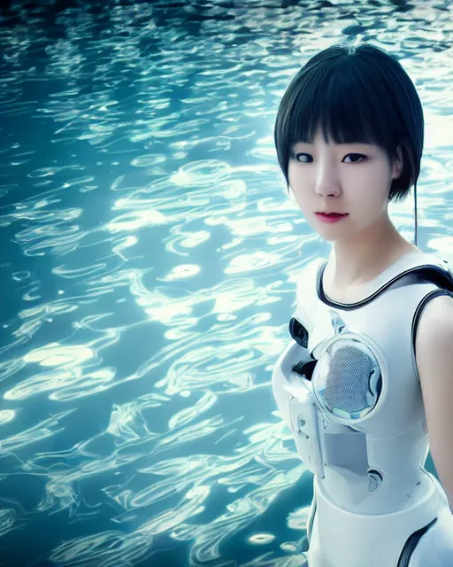 Image similar to beautiful centered photo of korean girl as a solarpunk cyborg with white mechanical parts and implanted bright halogen lamps, treading above calm water, ultra - realistic and detailed, sun lit, white background, bokeh, soft focus, slow exposure hdr 8 k