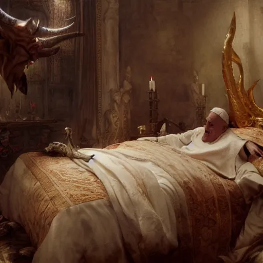 Prompt: the pope is in his bed, scared, because a horned demon is attacking the pope. highly detailed painting by gaston bussiere, greg rutkowski, craig mullins 8 k