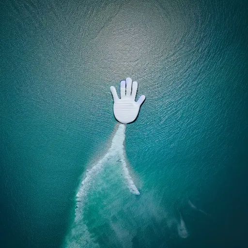 Image similar to an aerial drone shot of a giant 3D sculpted hand reaching out of the ocean in the middle of dawn surrounded by islands, tiny birds fly in the distance, misty atmosphere, 4k ultra high quality