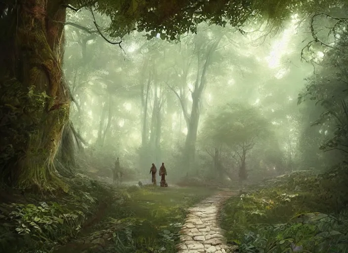 Image similar to A beautiful pathway in a forest, lush trees, flying fairies, a fantasy digital painting by Greg Rutkowski and James Gurney, trending on Artstation, highly detailed