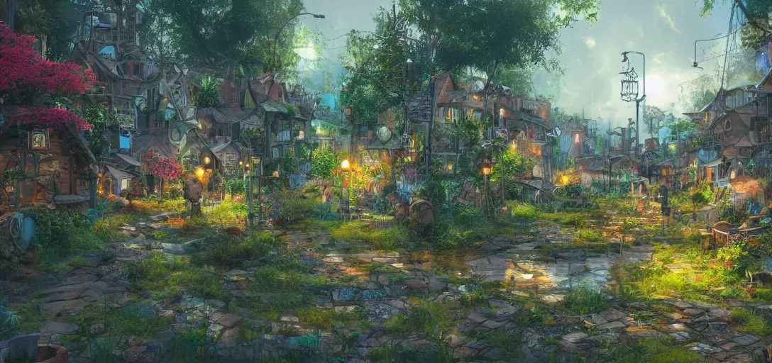 Prompt: Look of a solarpunk village, full daylight, morning, cartoon moody scene, digital art, 8k, colorful details of lush nature covering the streets