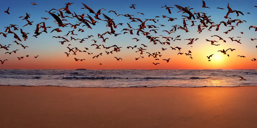 Image similar to seagulls flying over the ocean during the sunset as the sand twinkles, realistic