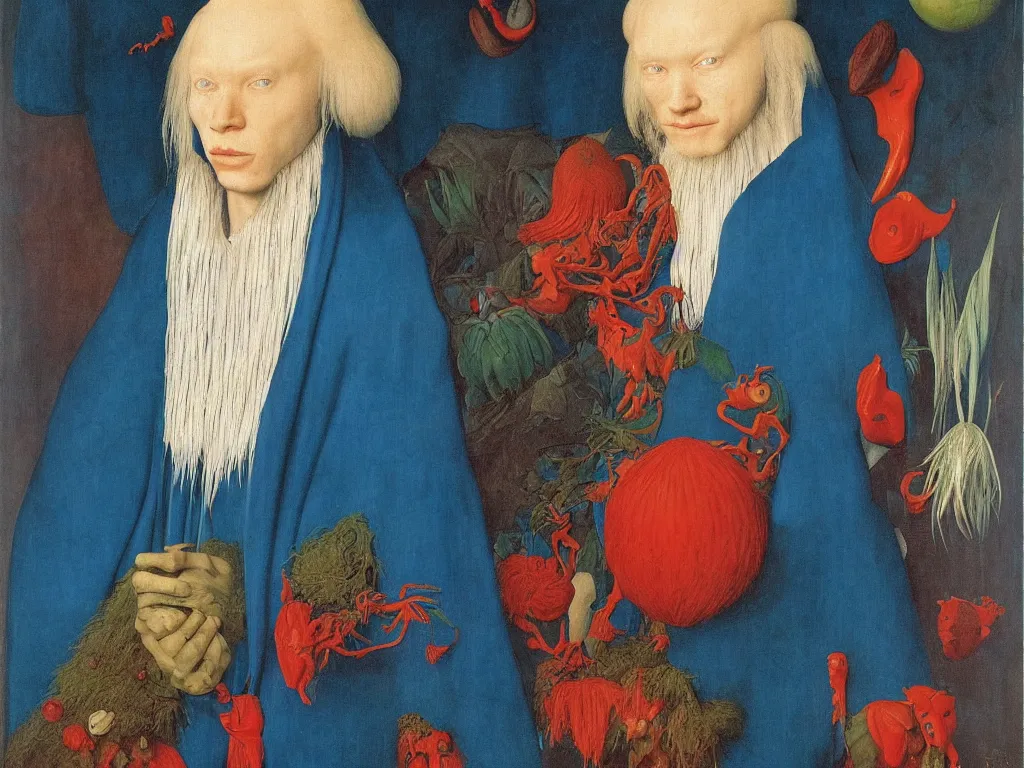 Prompt: Portrait of albino mystic with blue eyes, with beautiful exotic coral. Painting by Jan van Eyck, Audubon, Rene Magritte, Agnes Pelton, Max Ernst, Walton Ford