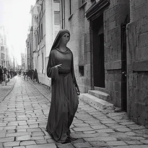 Image similar to amazing photo of mary magdalene in real life, walking in a city street
